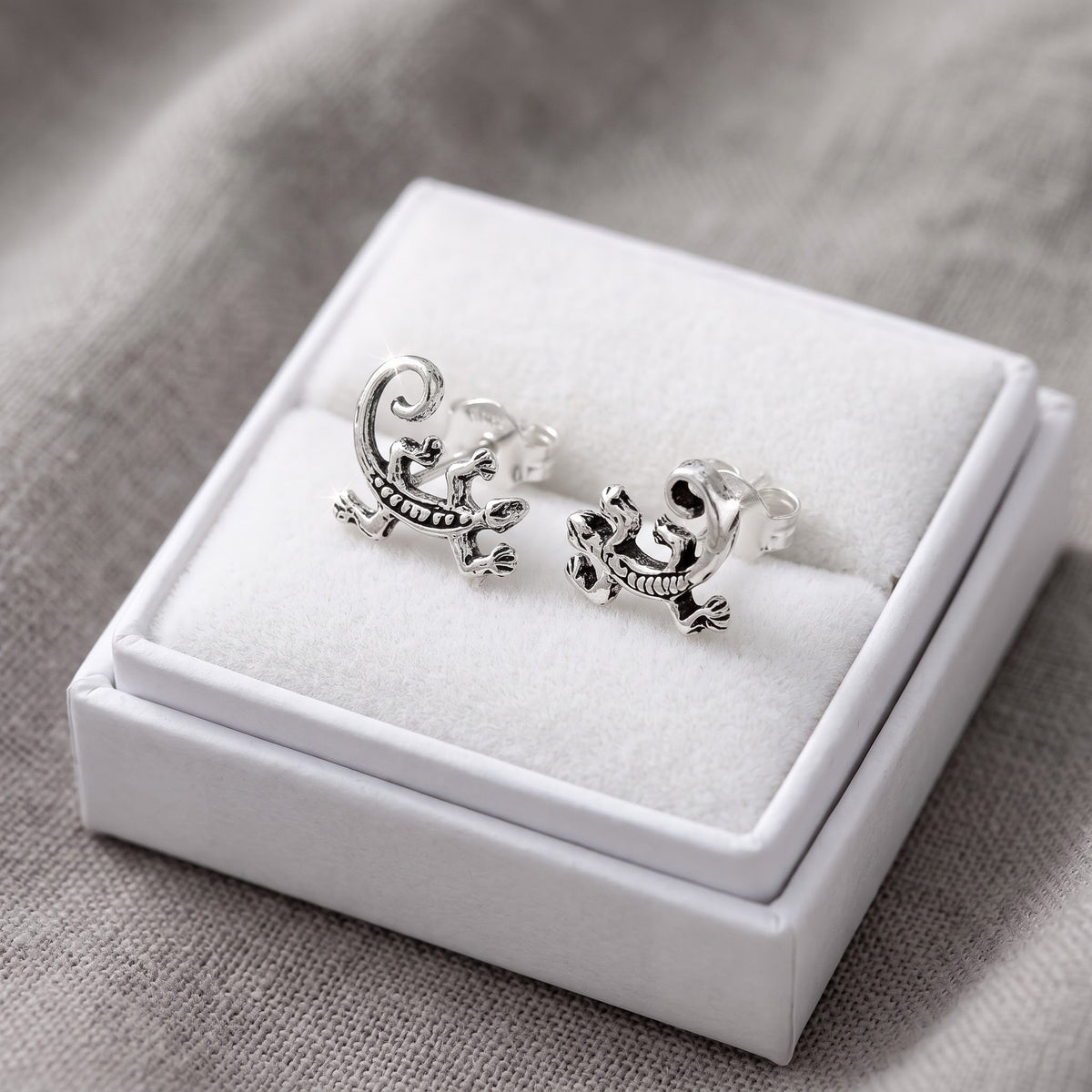 Lizard Stud Earrings Sterling Silver - 8mm in a white gift box, ready to give