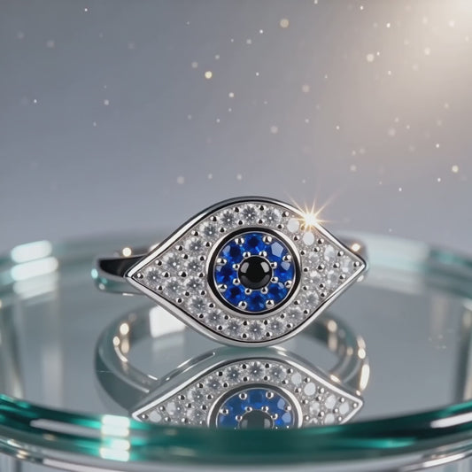 White Gold over Sterling Silver Women's Blue CZ Evil Eye Amulet Ring