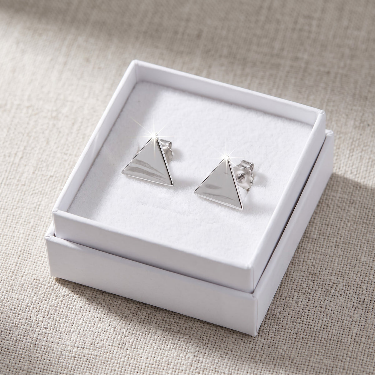 Rhodium-Plated Sterling Stud Earrings - Delta Earrings for Women Teens Sisters in a white gift box, ready to give
