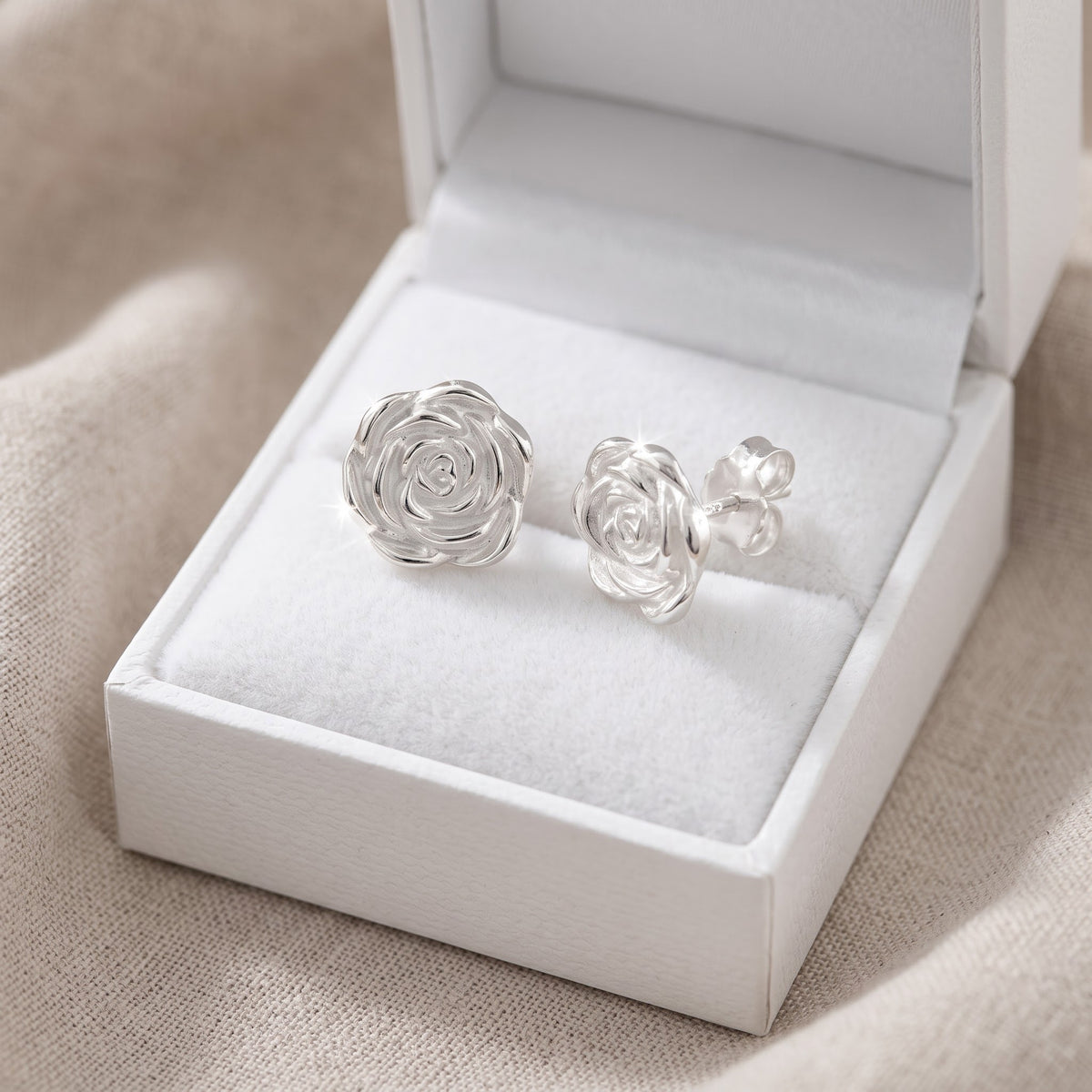 Sterling Silver Rose Flower Stud Earrings, 10mm in a white gift box, ready to give