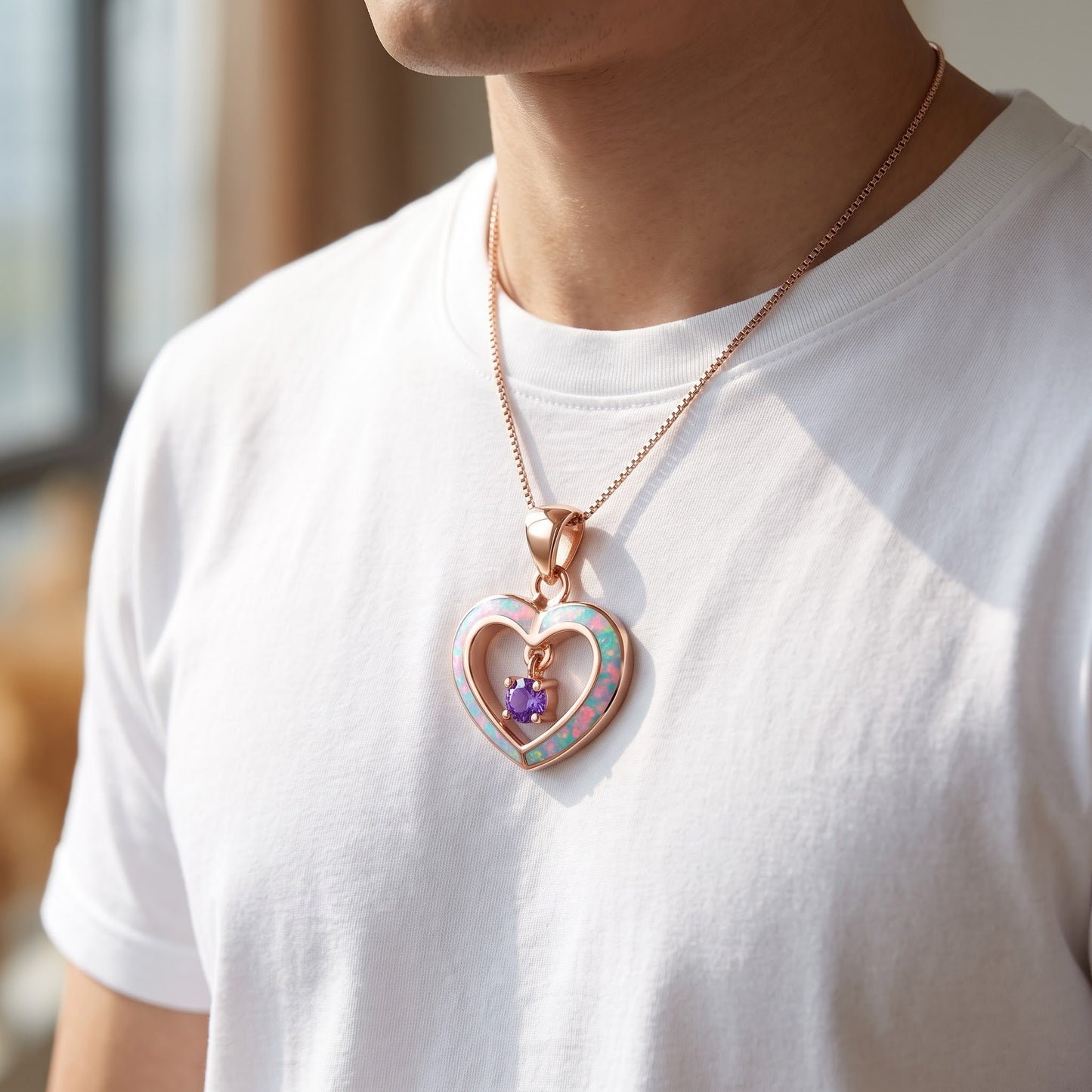Rose Gold over Sterling Silver Women's Dainty Created Pink Opal Heart Charm Necklace worn, lifestyle photo