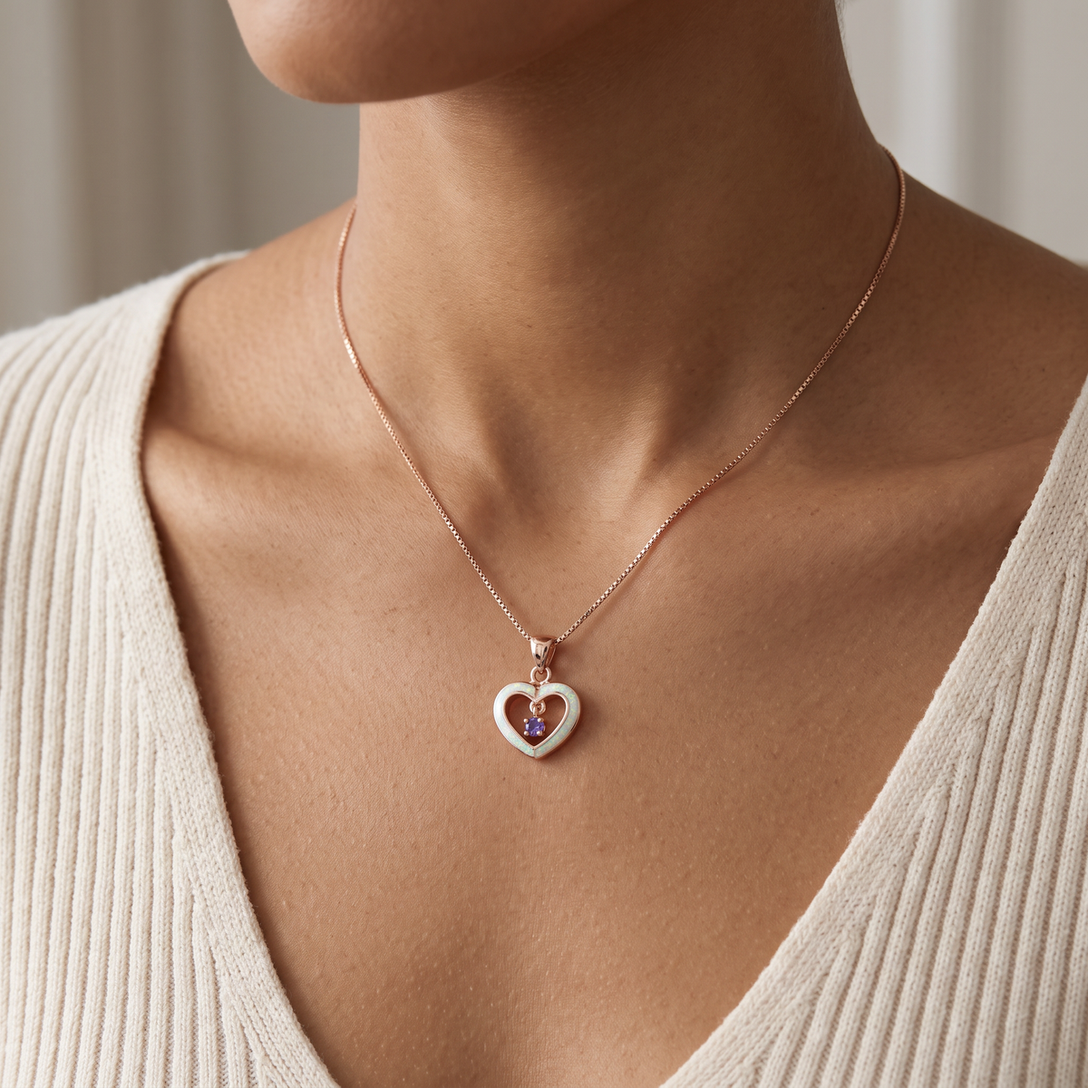 Rose Gold over Sterling Silver Women's Dainty Created Pink Opal Heart Charm Necklace worn, lifestyle photo