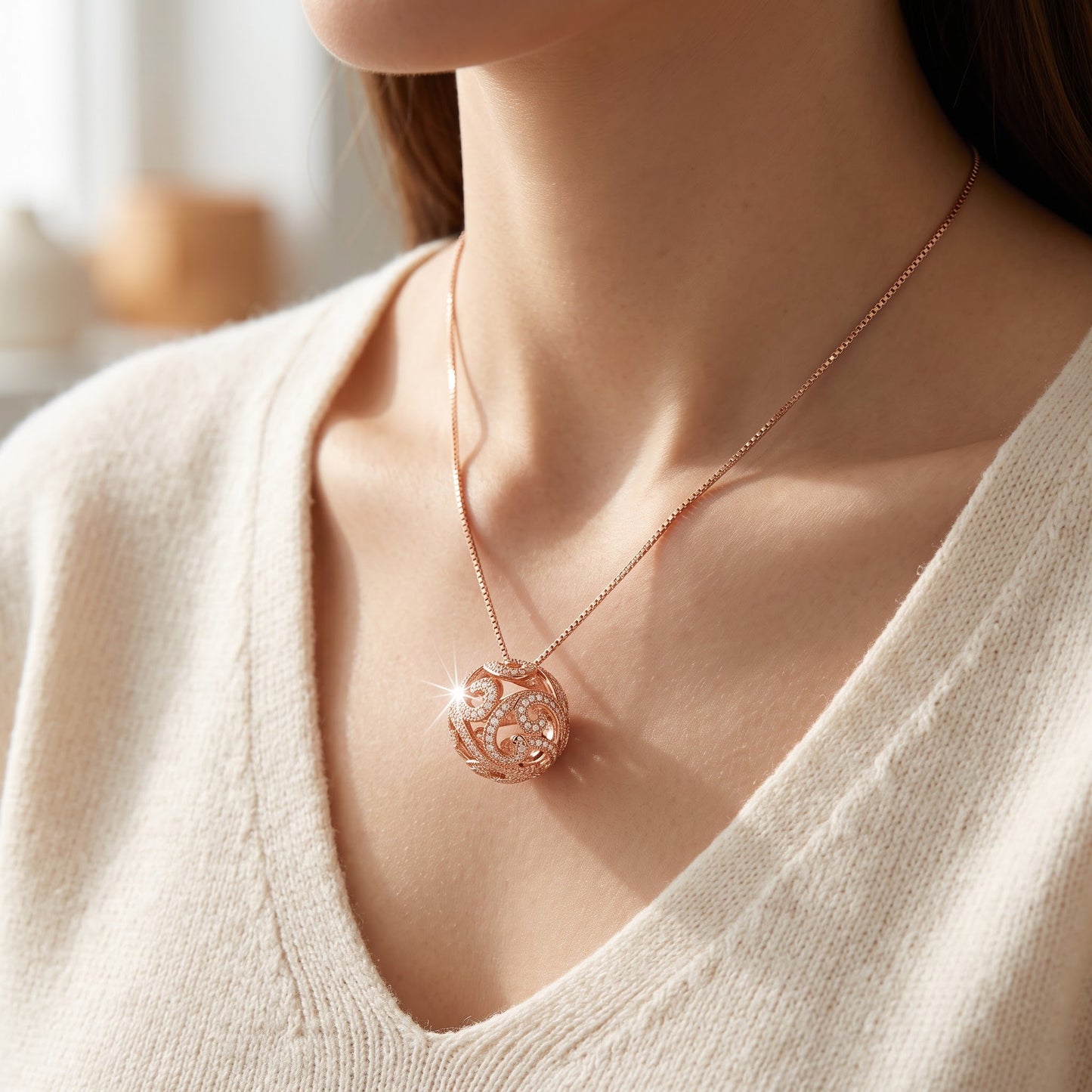 Rose Gold Tone Sterling Silver CZ Filigree Ball Necklace 18" worn, lifestyle photo