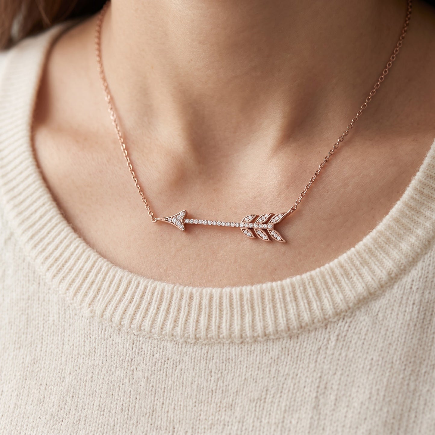 Rose Gold Tone Sterling Silver CZ Sideways Arrow Necklace, 18" worn, lifestyle photo