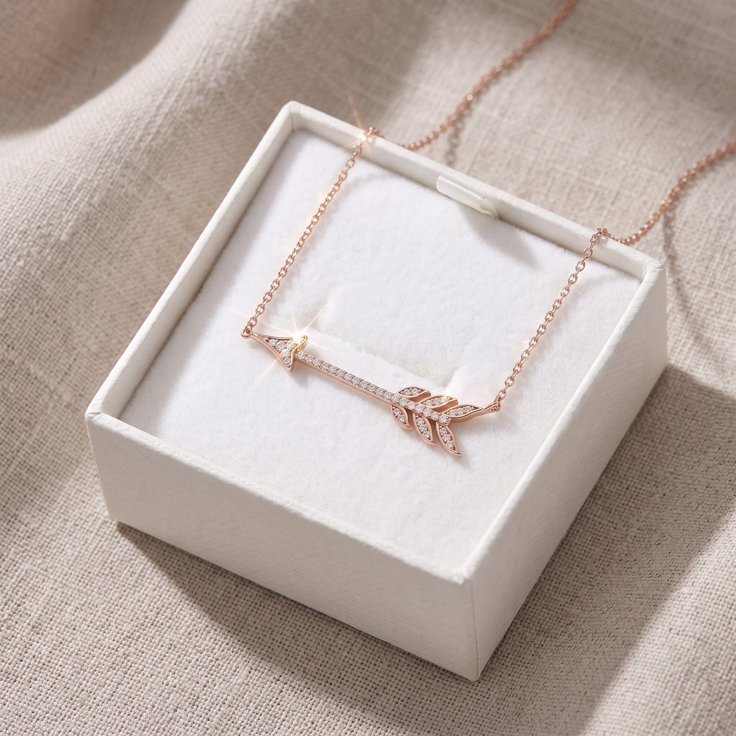 Rose Gold Tone Sterling Silver CZ Sideways Arrow Necklace, 18" in a white gift box, ready to give