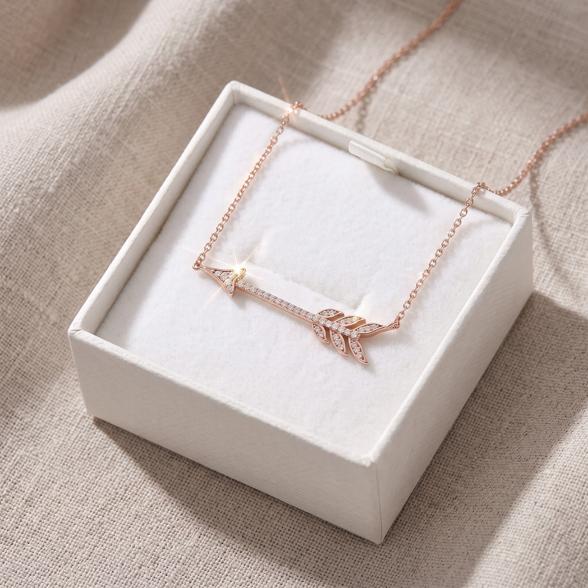 Rose Gold Tone Sterling Silver CZ Sideways Arrow Necklace, 18" in a white gift box, ready to give