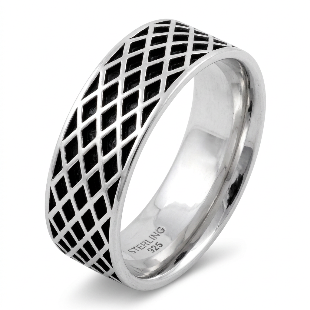 Sterling Silver 6.5mm Crosshatch Lattice Band Ring for Men
