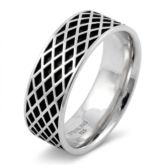 Sterling Silver 6.5mm Crosshatch Lattice Band Ring for Men