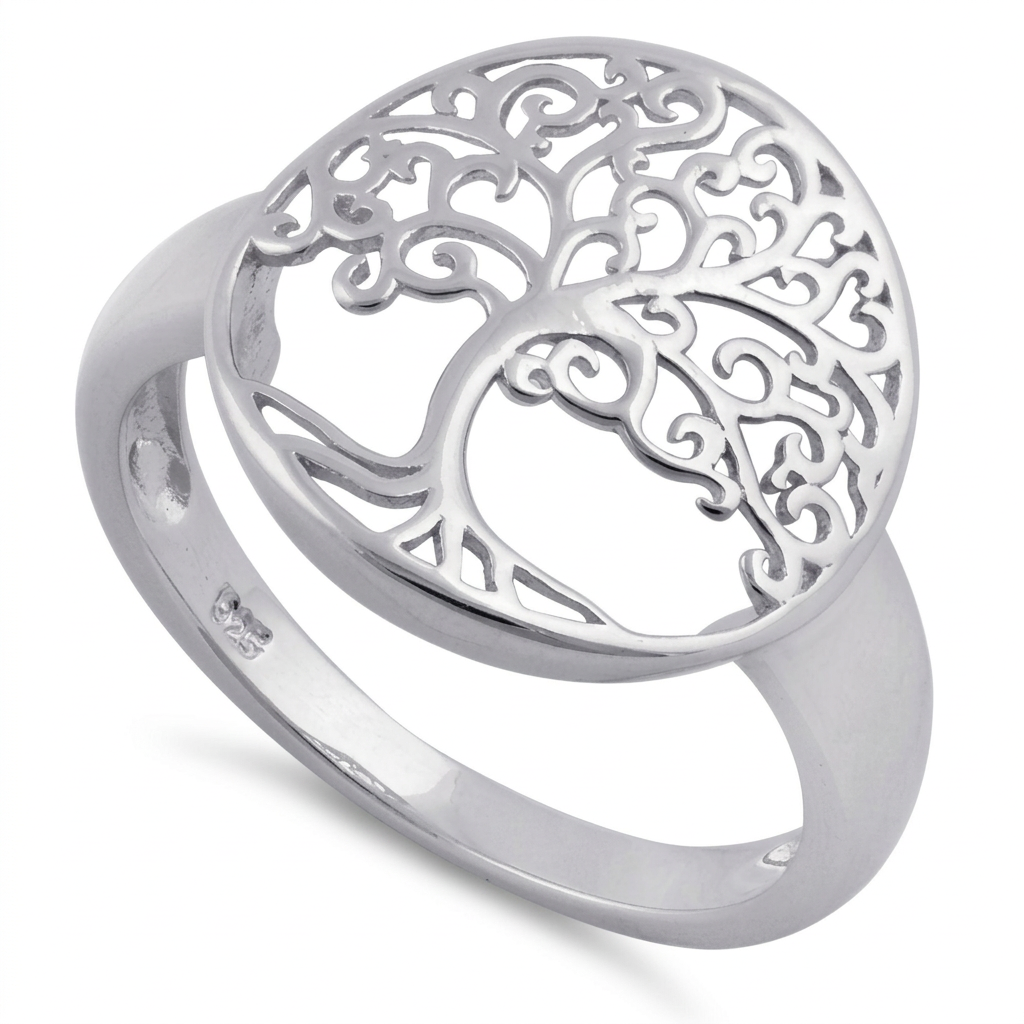 Sterling Silver Tree of Life Filigree Circle Ring for Women