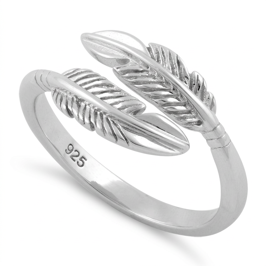 Sterling Silver Double Feather Wrap Bypass Ring for Women