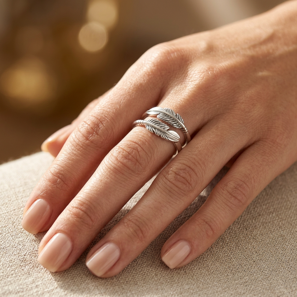 Sterling Silver Double Feather Wrap Bypass Ring for Women model