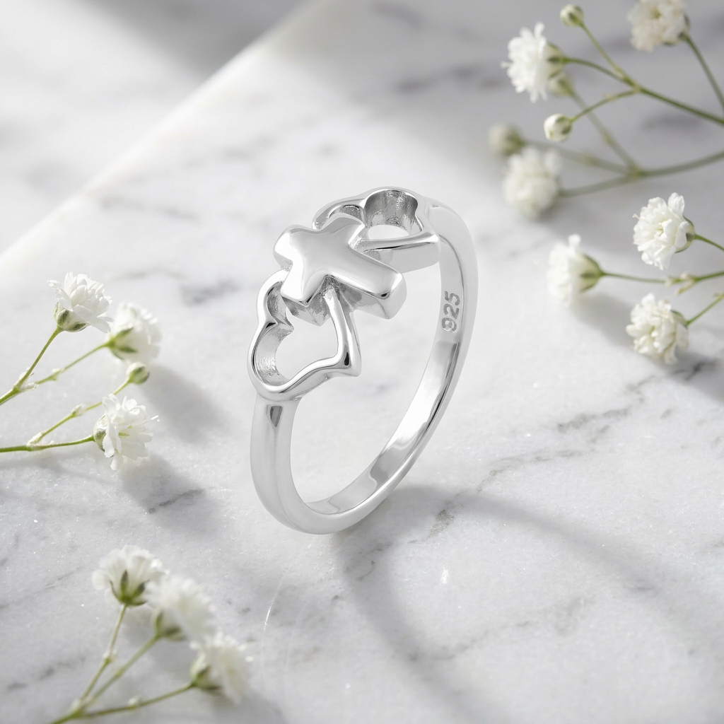 Sterling Silver Cross and Hearts Faith Promise Ring for Women life1