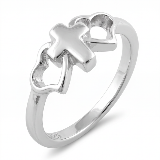 Sterling Silver Cross and Hearts Faith Promise Ring for Women