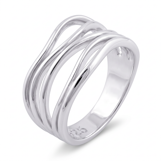 Sterling Silver 6.8mm Layered Wire Wave Statement Ring for Women
