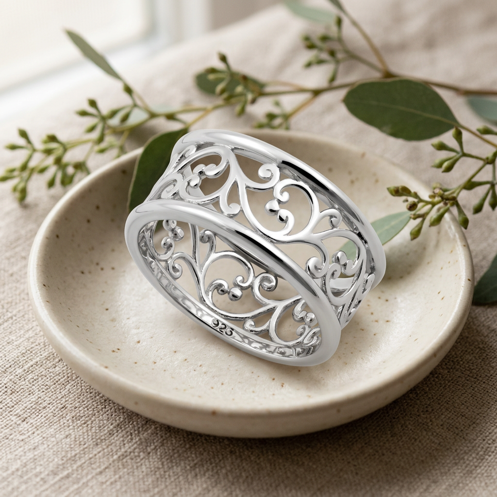 Sterling Silver 9mm Filigree Vine Scroll Wide Band Ring for Women life2