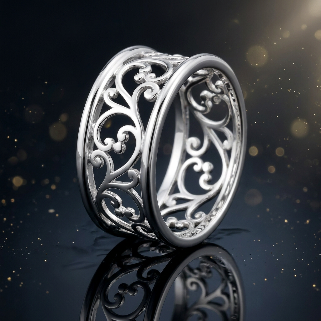 Sterling Silver 9mm Filigree Vine Scroll Wide Band Ring for Women life4