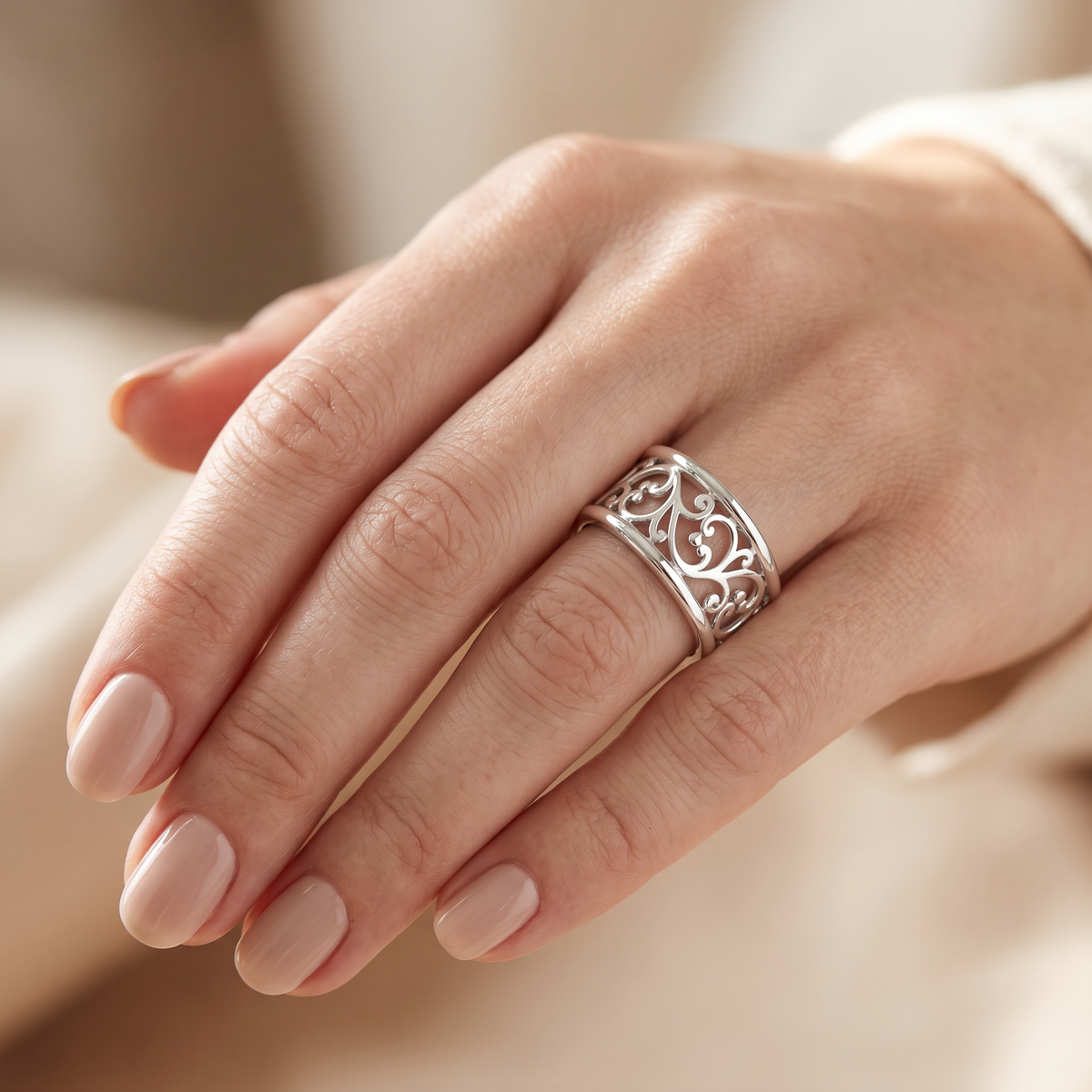 Sterling Silver 9mm Filigree Vine Scroll Wide Band Ring for Women model