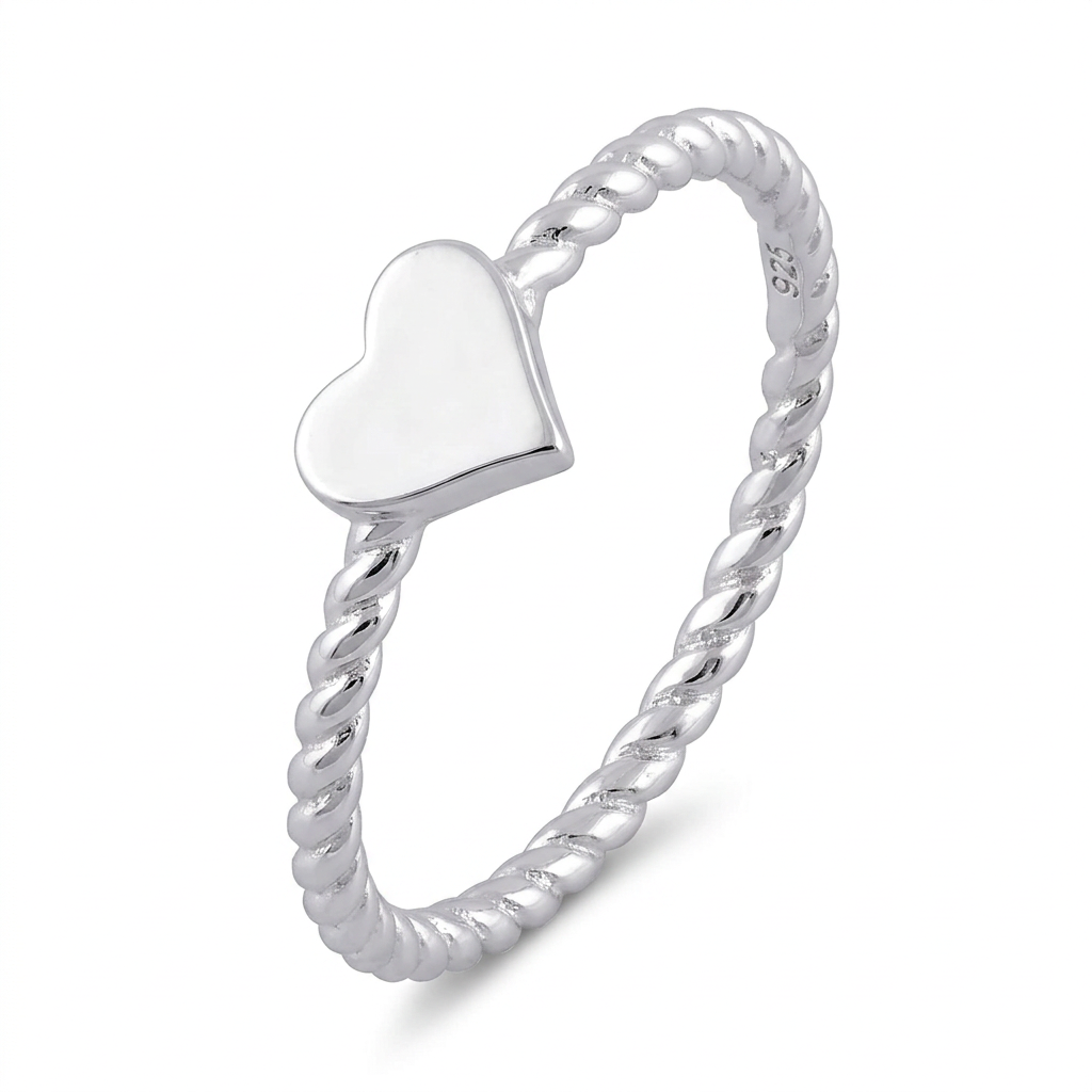 Sterling Silver Heart on Rope Twist Band Ring for Women