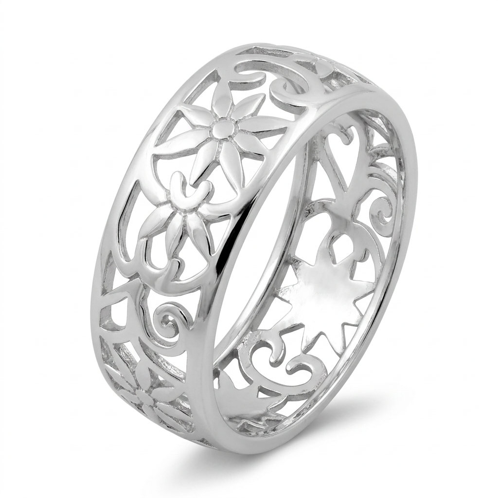 Sterling Silver 7mm Openwork Flower Eternity Band Ring for Women
