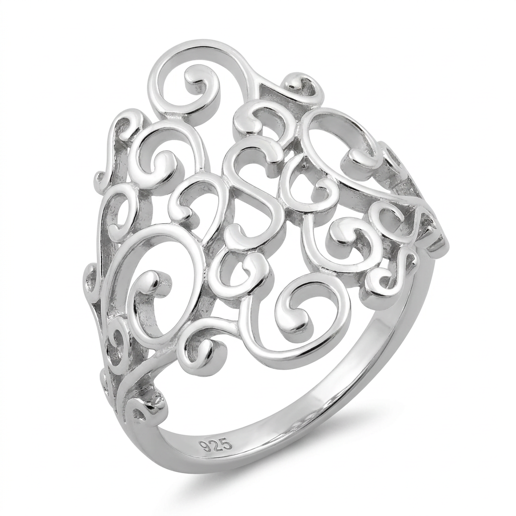 Sterling Silver Openwork Scroll Vine Ring for Women