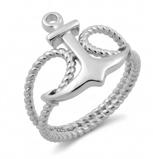 Sterling Silver Anchor and Rope Nautical Ring for Women