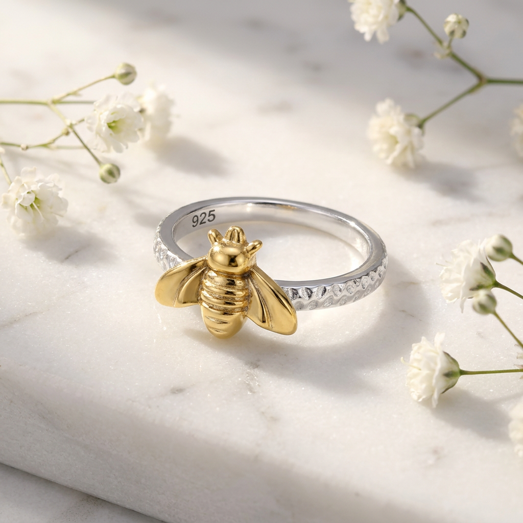 Two Tone Gold Plated Sterling Silver Honey Bee Ring for Women life1