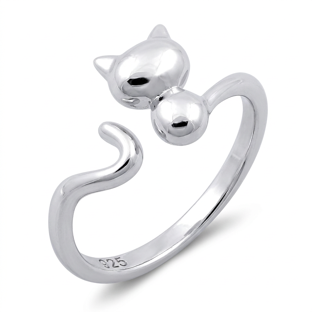 Sterling Silver Cat and Tail Bypass Ring for Women