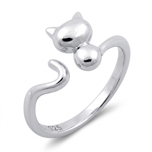 Sterling Silver Cat and Tail Bypass Ring for Women