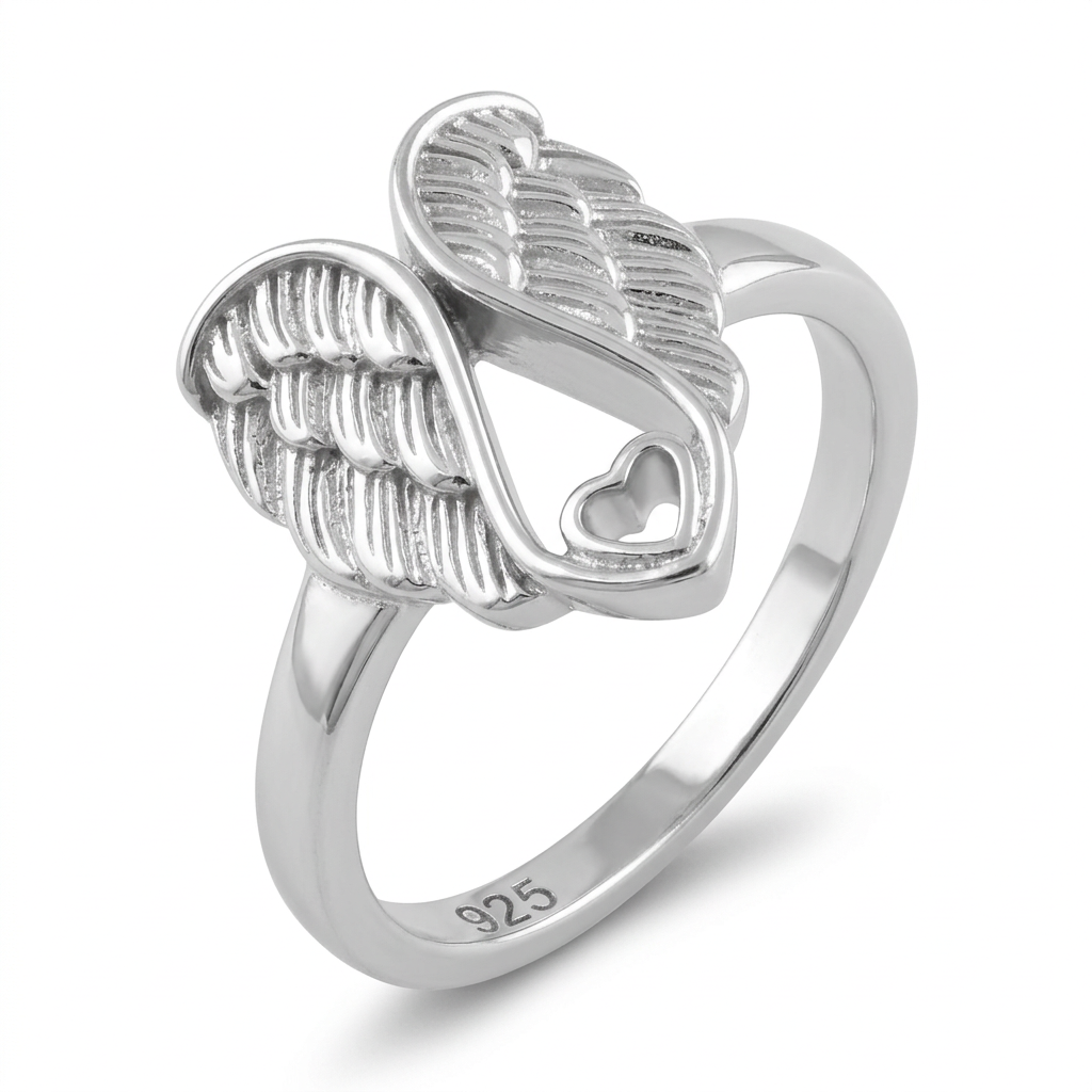 Sterling Silver Angel Wings Open Heart Ring for Women