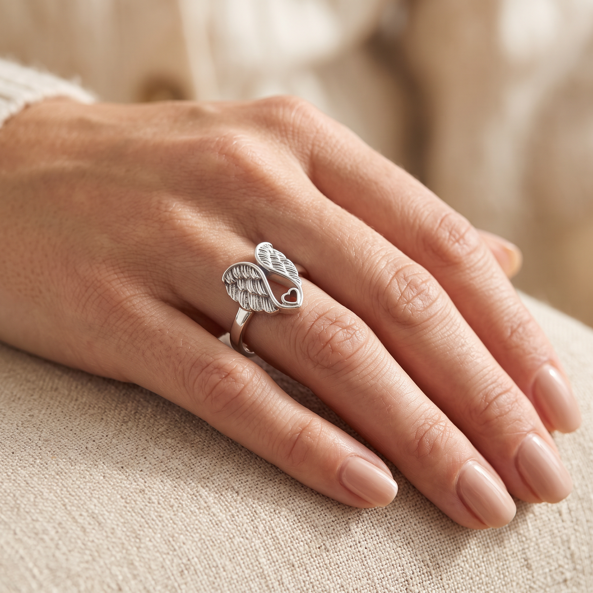 Sterling Silver Angel Wings Open Heart Ring for Women model