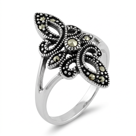 Sterling Silver Marcasite Fleur de Lis Vintage Statement Ring for Women