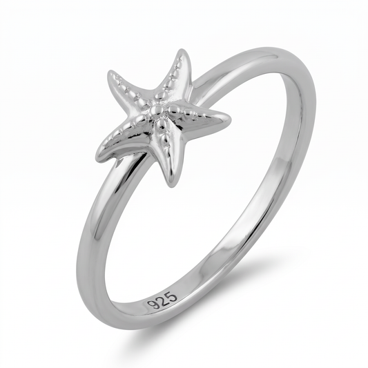 Sterling Silver Dainty Starfish Stacking Ring for Women, Beach Jewelry