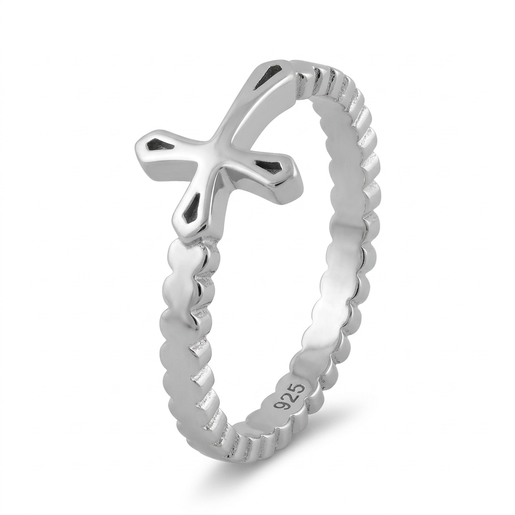 Sterling Silver Sideways Cross Beaded Band Ring for Women