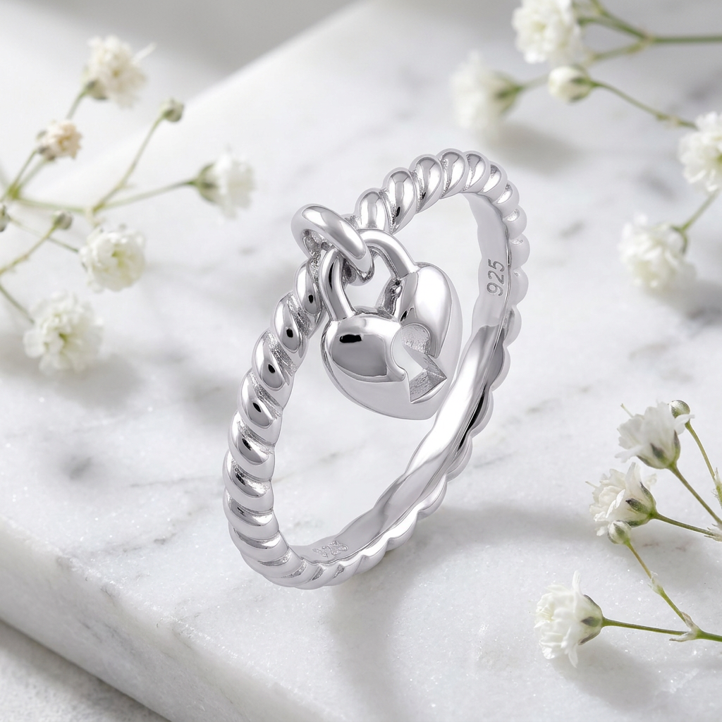 Sterling Silver Heart Padlock Charm Dangle Ring for Women life1