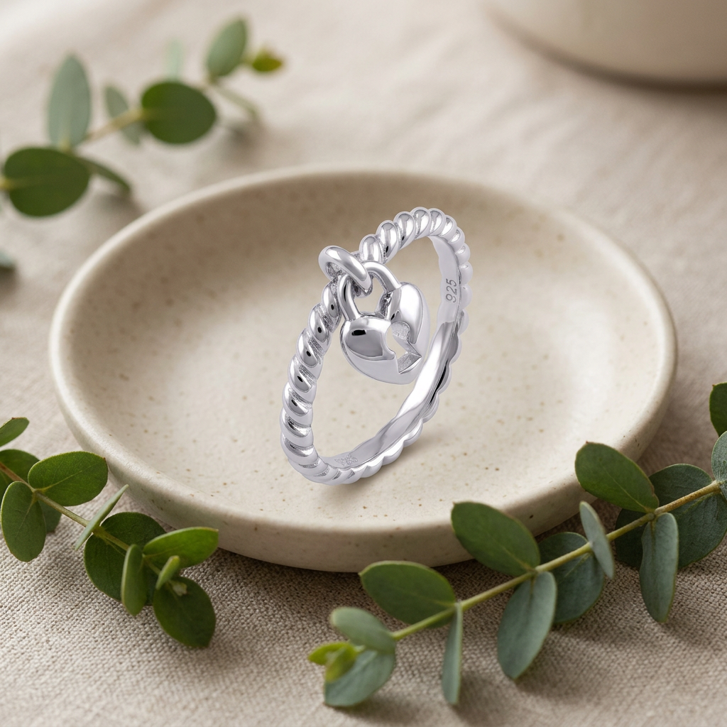 Sterling Silver Heart Padlock Charm Dangle Ring for Women life2