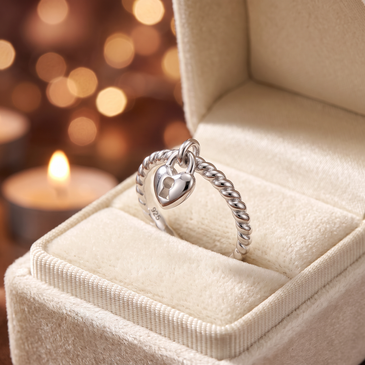 Sterling Silver Heart Padlock Charm Dangle Ring for Women life3