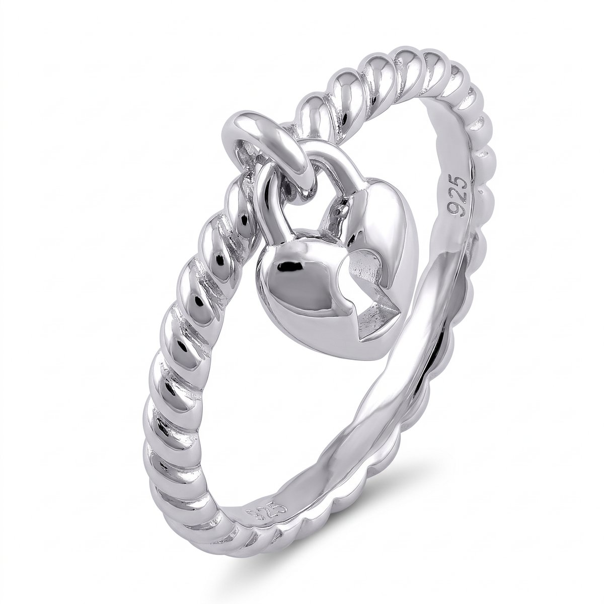 Sterling Silver Heart Padlock Charm Dangle Ring for Women