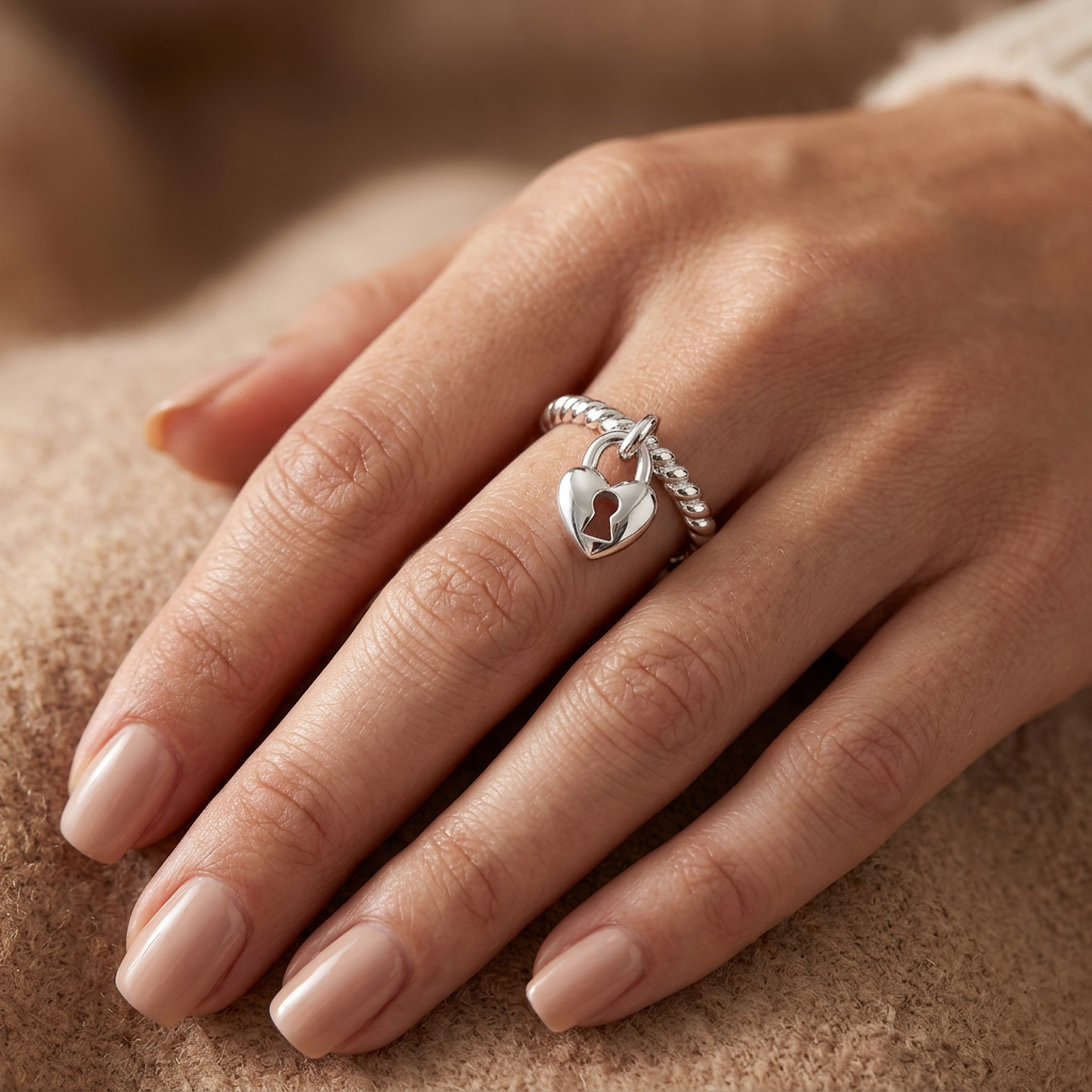 Sterling Silver Heart Padlock Charm Dangle Ring for Women model