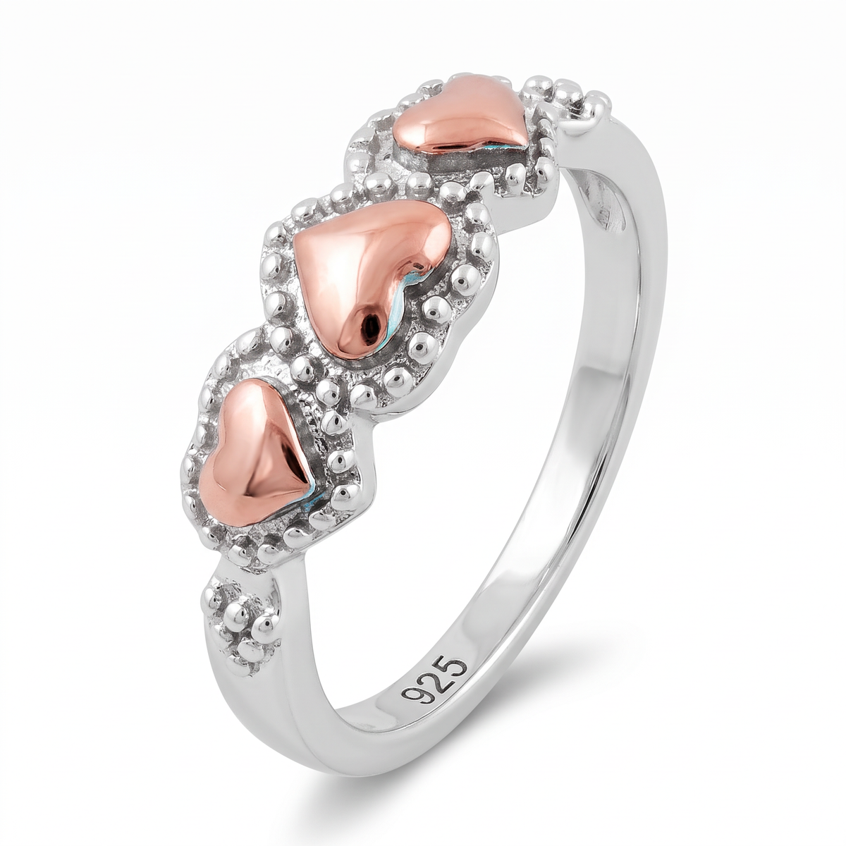 Rose Gold Plated Sterling Silver Two Tone Triple Heart Ring for Women