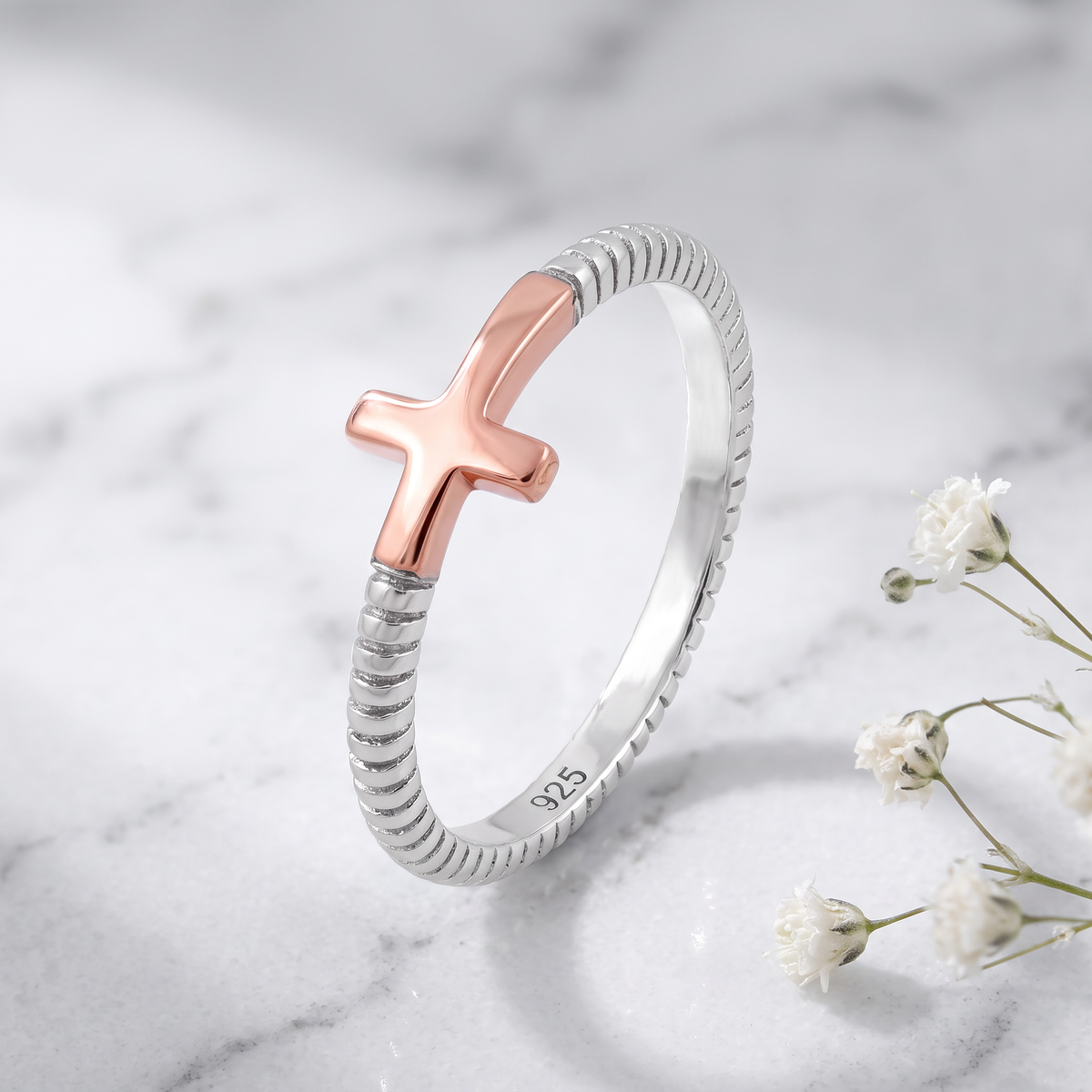 Two Tone Sterling Silver Sideways Cross Ring with Rose Gold Cross for Women life1