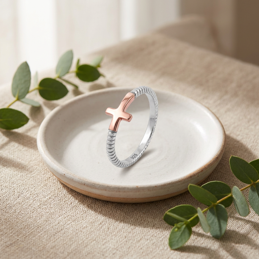 Two Tone Sterling Silver Sideways Cross Ring with Rose Gold Cross for Women life2