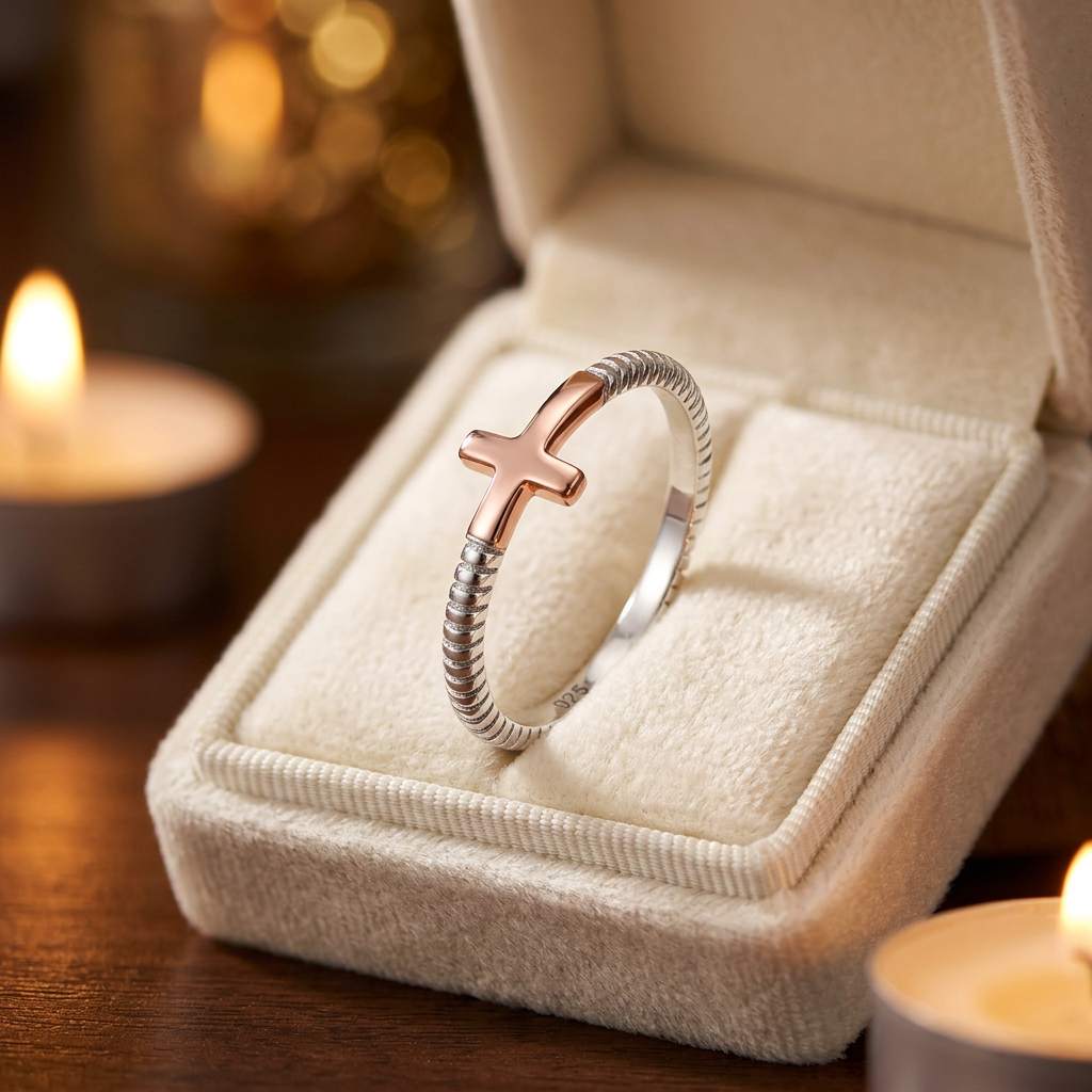 Two Tone Sterling Silver Sideways Cross Ring with Rose Gold Cross for Women life3