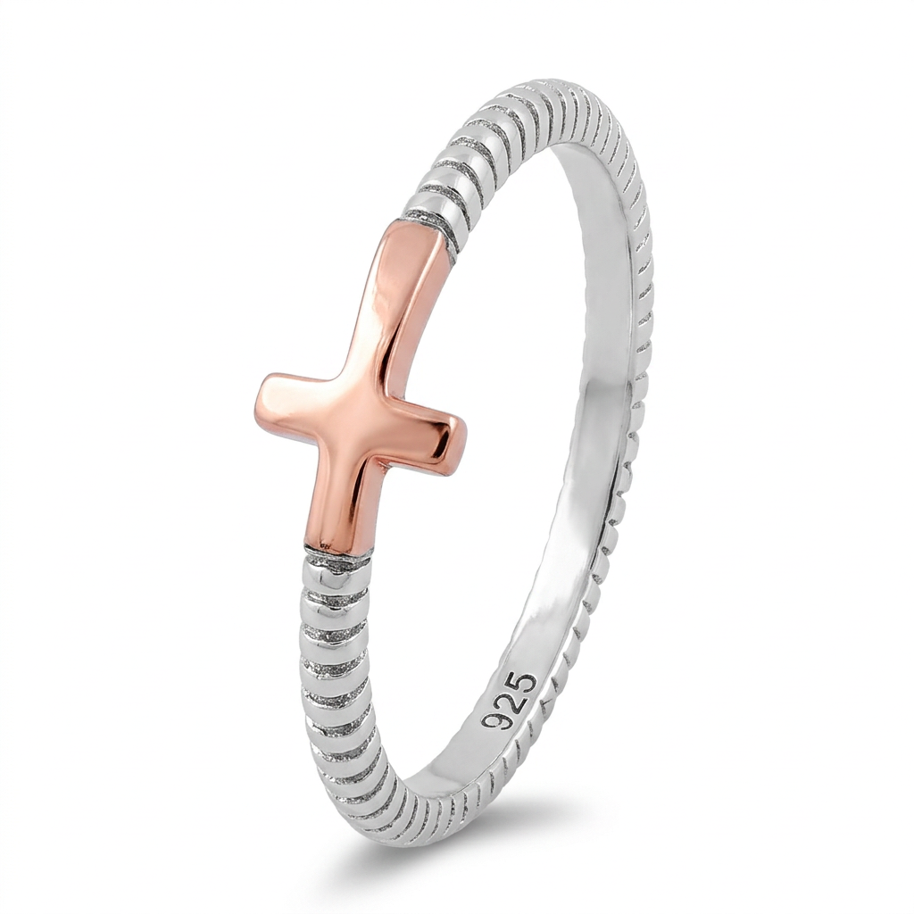 Two Tone Sterling Silver Sideways Cross Ring with Rose Gold Cross for Women