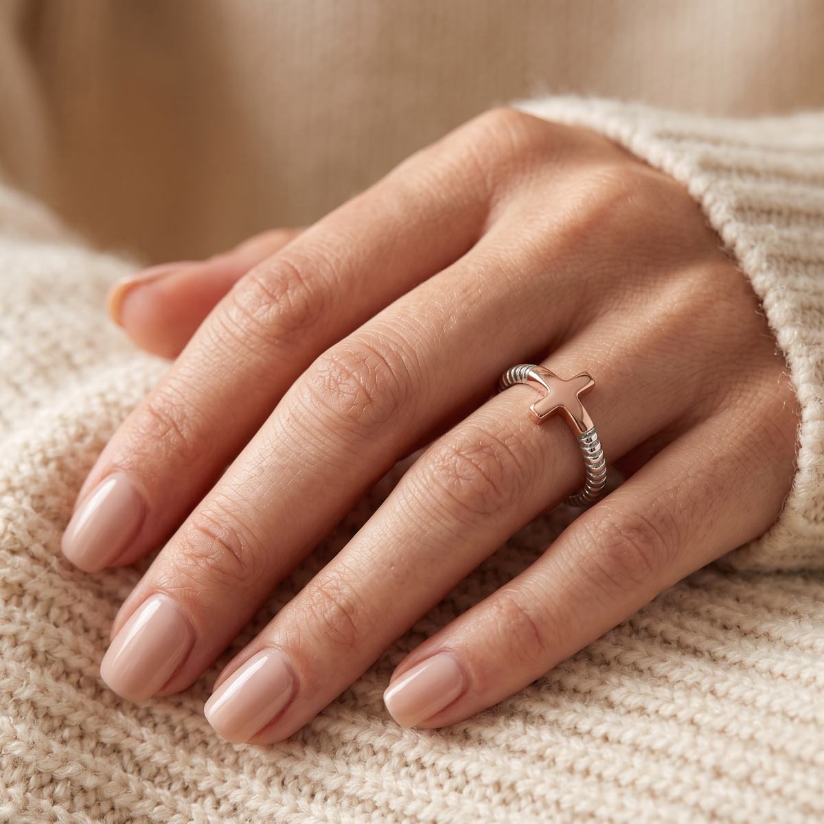 Two Tone Sterling Silver Sideways Cross Ring with Rose Gold Cross for Women model