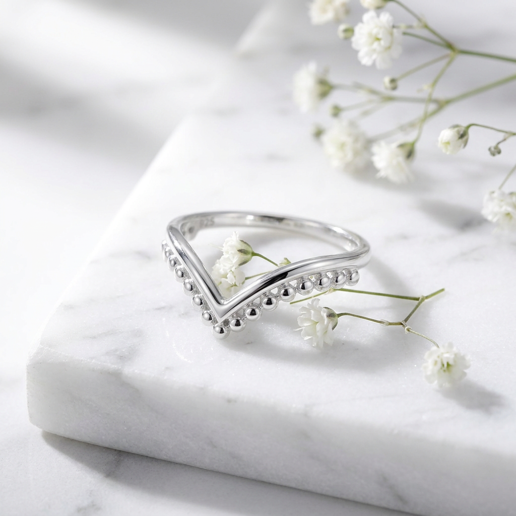 Sterling Silver Beaded Chevron V Shape Stacking Ring for Women life1
