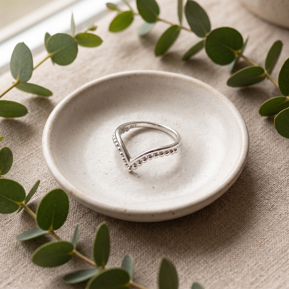 Sterling Silver Beaded Chevron V Shape Stacking Ring for Women life2