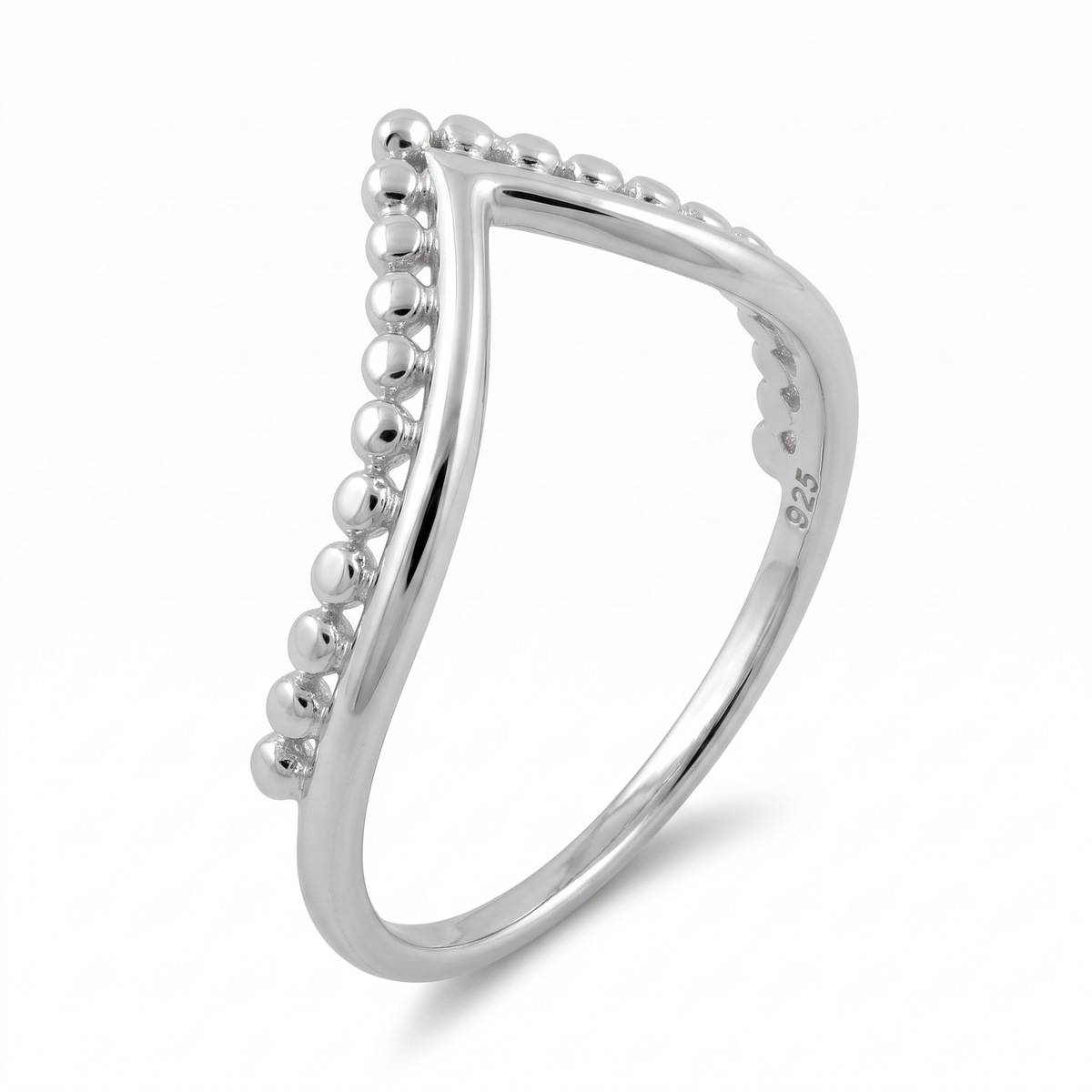 Sterling Silver Beaded Chevron V Shape Stacking Ring for Women