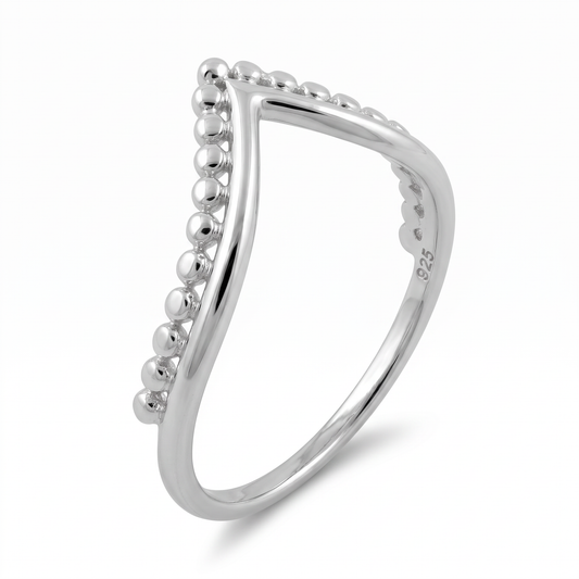 Sterling Silver Beaded Chevron V Shape Stacking Ring for Women