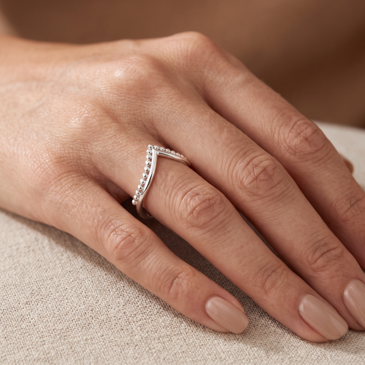 Sterling Silver Beaded Chevron V Shape Stacking Ring for Women model