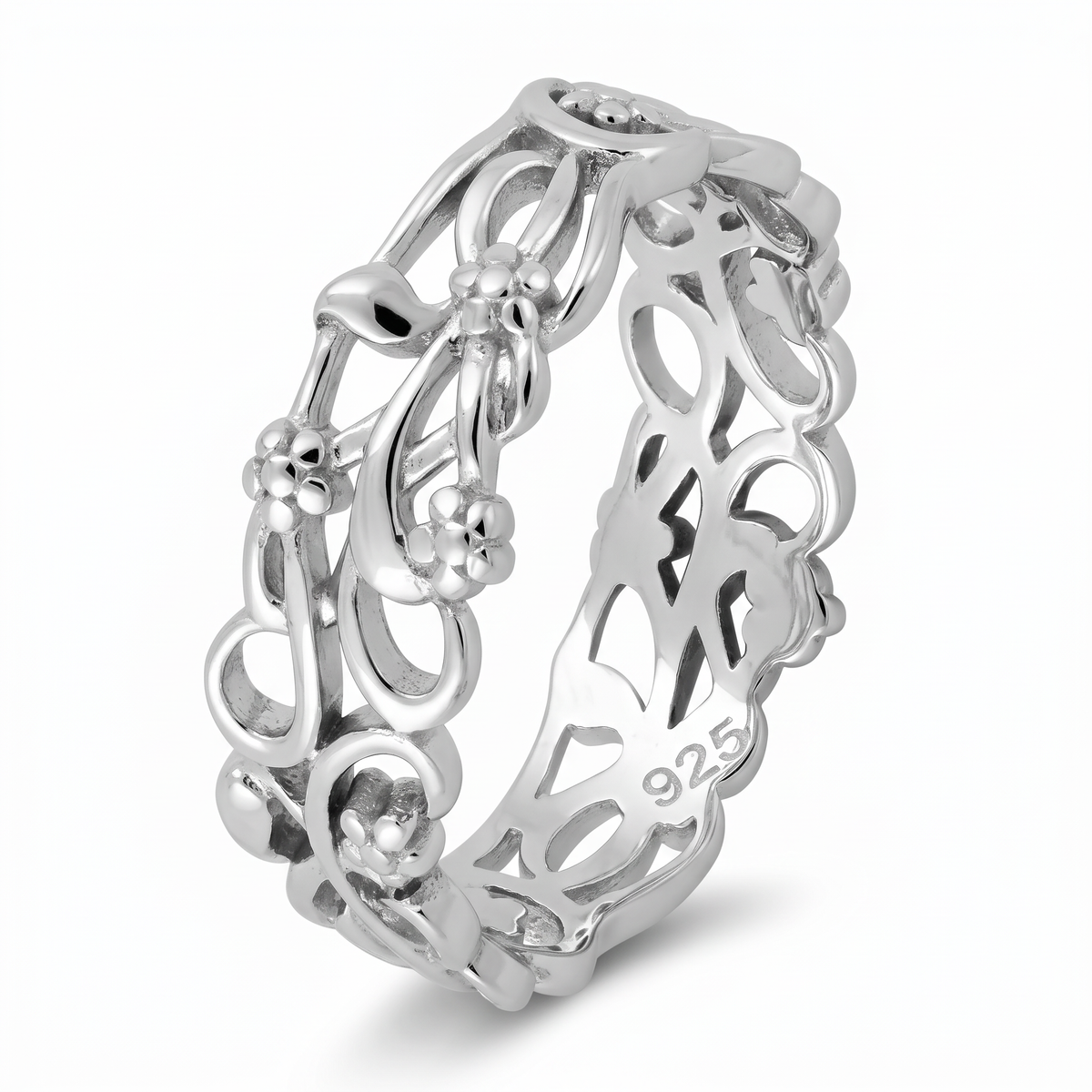 Sterling Silver 6.3mm Flower Vine Eternity Band Ring for Women